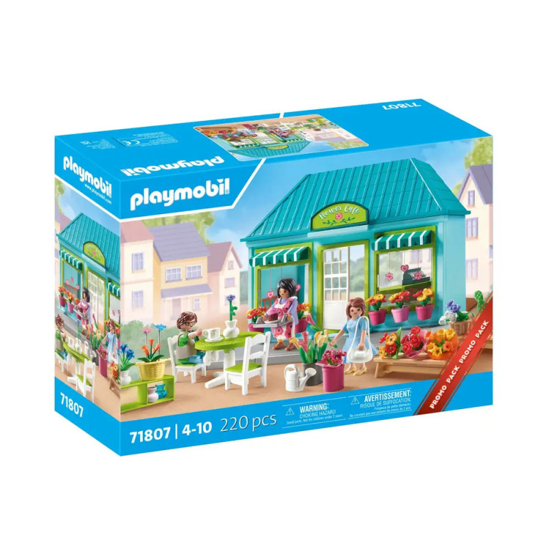 Playmobil-Set mit Gartencafé-Szene, Figuren, Pflanzen und Zubehör auf der Verpackung.