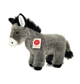 Graues Stoffeselchen mit schwarzer Mähne und Schweif, weißer Schnauze und einem Halsanhänger.