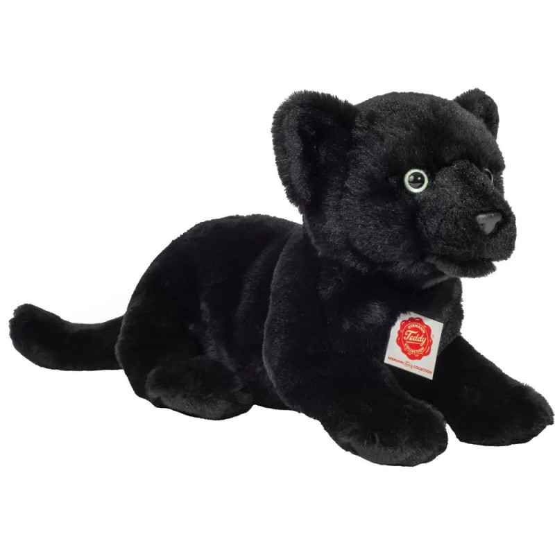 Schwarzes Plüschpanther-Spielzeug mit grünen Augen, liegend, rotem und weißem Brustanhänger.