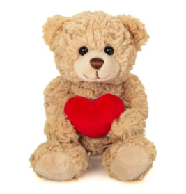 Ein brauner Plüschbär hält ein rotes Herz und sitzt vor weißem Hintergrund.