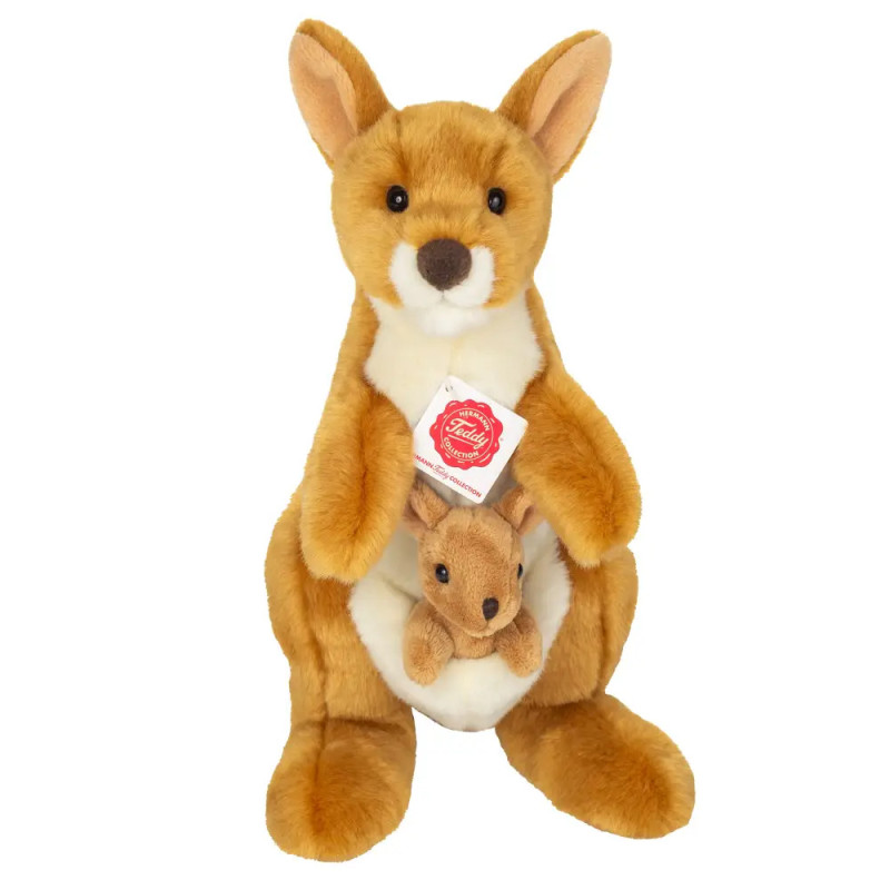 Känguru-Stofftier mit braunem Fell, weißem Akzent und kleinem Joey im Beutel. Känguru-Stofftier mit braunem Fell, weißem Akzent und kleinem Joey im Beutel.