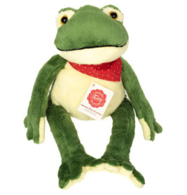 Grünes Plüschfrosch-Spielzeug mit rotem Punkteschal und Namensschild auf der Brust.