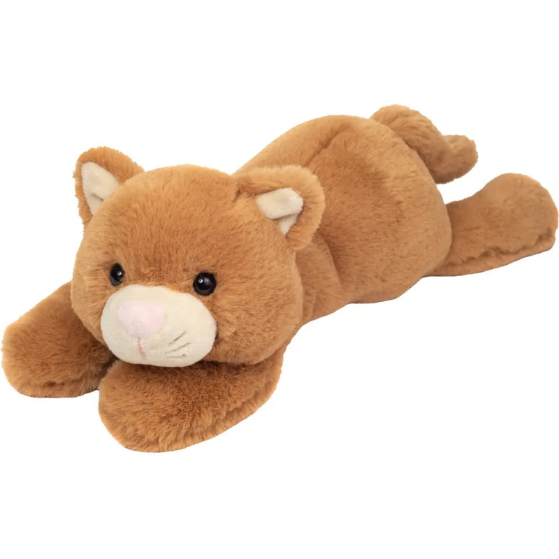 Braunes Plüschkatzen-Spielzeug liegt mit dem Kopf auf den Vorderpfoten.