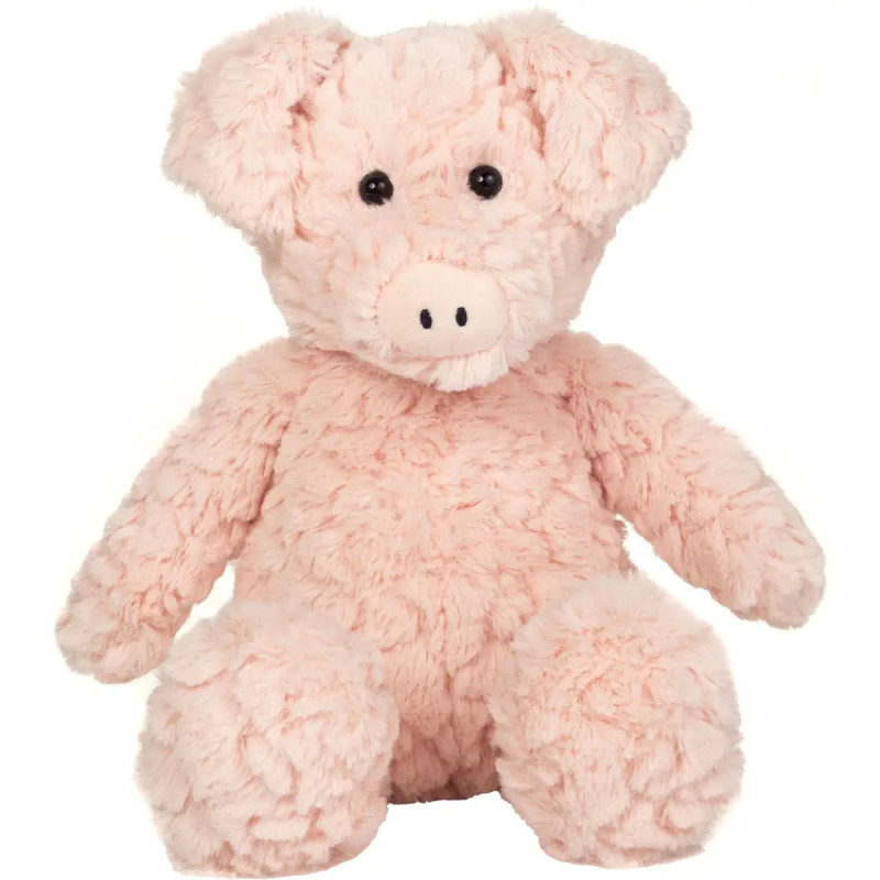 Ein flauschiges, hellrosa Stoffschwein mit schwarzen Knopfaugen sitzt aufrecht und blickt nach vorn.