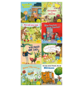 Acht bunte deutsche Kinderbuchcover zu Natur, Recycling, Wald, Bienen und Insekten werden gezeigt.