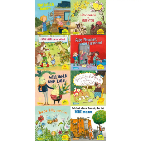 Acht bunte deutsche Kinderbuchcover zu Natur, Recycling, Wald, Bienen und Insekten werden gezeigt.