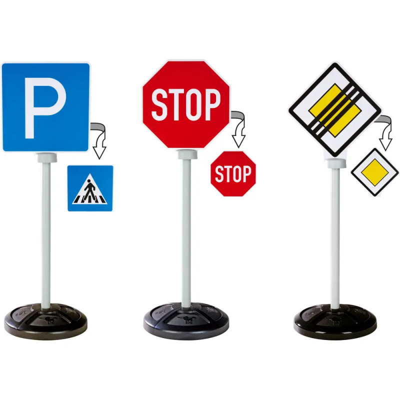 Drei Spielzeug-Verkehrsschilder (Parken, Stopp, Vorrang) mit Symbolen unter dem Hauptschild.