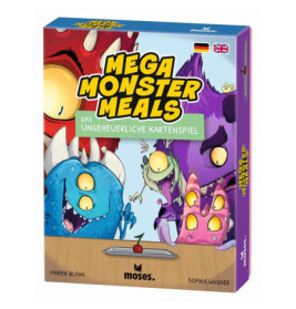 Bunte Mega Monster Meals Kartenspielbox mit Cartoon-Monstern und einem Tablett mit Kirsche auf der Vorderseite.