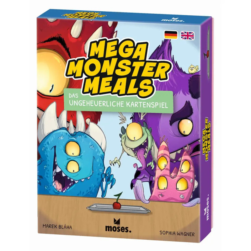 Bunte Mega Monster Meals Kartenspielbox mit Cartoon-Monstern und einem Tablett mit Kirsche auf der Vorderseite.
