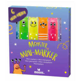 Vier bunte Mini-Marker mit Monster-Gesichtern in Box, Aufschrift: Monster Mini-Marker von moses.