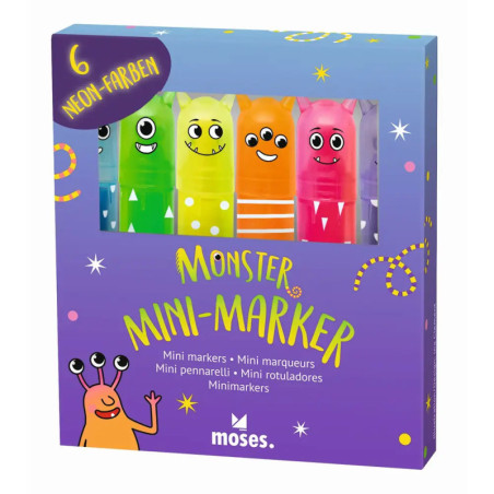 Vier bunte Mini-Marker mit Monster-Gesichtern in Box, Aufschrift: Monster Mini-Marker von moses.