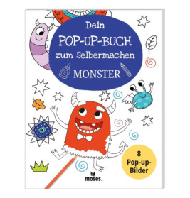 Titelbild eines deutschen Pop-up-Kinderbuchs mit fröhlichen Cartoon-Monstern und Zeichnungen.