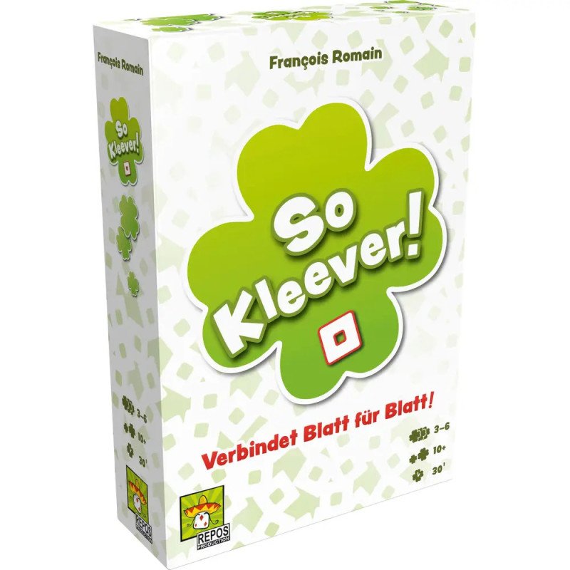 So Kleever!-Spielschachtel mit grünem Kleeblatt und deutscher Aufschrift auf der Vorderseite. So Kleever!-Spielschachtel mit grünem Kleeblatt und deutscher Aufschrift auf der Vorderseite.