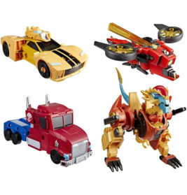 Vier bunte Transformers-Spielzeuge: gelbes Auto, roter Hubschrauber, roter Lkw und Löwen-Roboter.