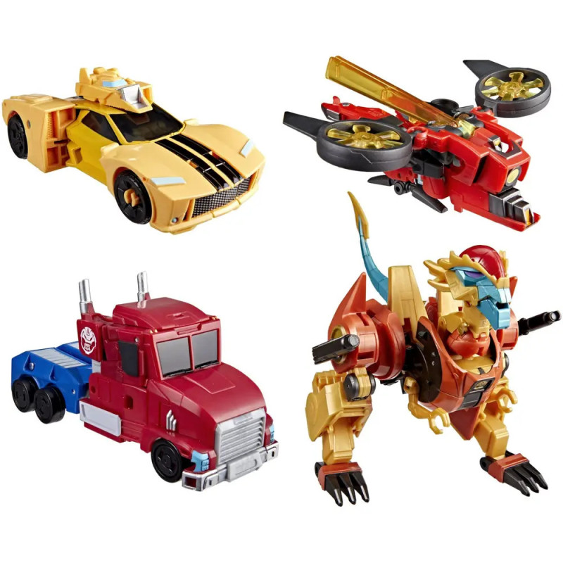 Vier bunte Transformers-Spielzeuge: gelbes Auto, roter Hubschrauber, roter Lkw und Löwen-Roboter. Vier bunte Transformers-Spielzeuge: gelbes Auto, roter Hubschrauber, roter Lkw und Löwen-Roboter.