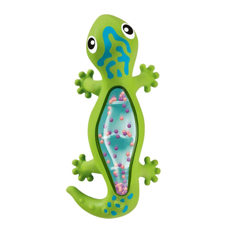 Grünes Echsen-Spielzeug mit durchsichtigem Bauch, der mit bunten Perlen gefüllt ist.