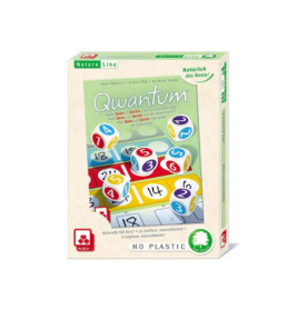 Quantum Brettspielbox mit bunten Würfeln, Wertungsblättern und Aufschrift No Plastic, Nature Line.