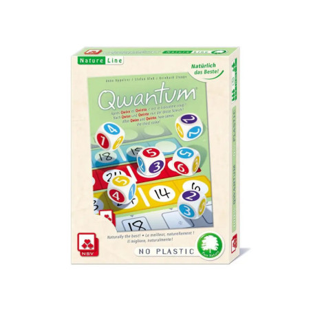 Quantum Brettspielbox mit bunten Würfeln, Wertungsblättern und Aufschrift No Plastic, Nature Line.