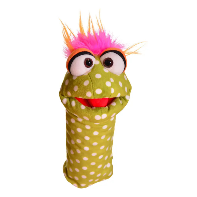 Grüne Puppe mit Punkten, großen Augen, pinken Haaren und rotem, offenem Mund vor weißem Hintergrund. Grüne Puppe mit Punkten, großen Augen, pinken Haaren und rotem, offenem Mund vor weißem Hintergrund.