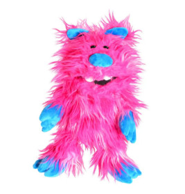 Ein pinkes, pelziges Monstertier mit blauen Ohren, Nase, Händen und Füßen sowie einem verspielten Gesicht.