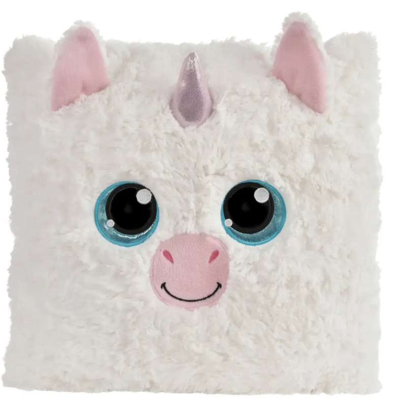 Weißes, flauschiges Kissen mit Einhorn-Gesicht, blauen Augen, pinken Ohren und glänzendem Horn.