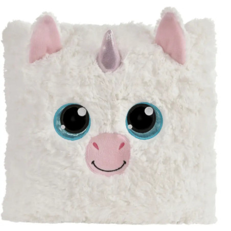 Weißes, flauschiges Kissen mit Einhorn-Gesicht, blauen Augen, pinken Ohren und glänzendem Horn.