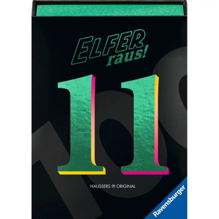Elfer raus! Kartenspielbox mit bunter 11 und blauem Ravensburger-Logo in der Ecke.