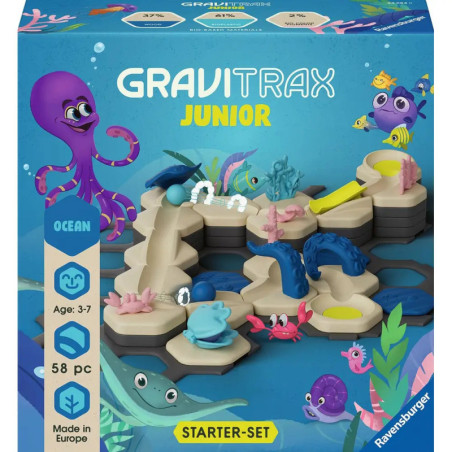GraviTrax Junior Ocean Starter Set mit Meeresbahn und Zeichentrick-Meerestieren auf der Verpackung.