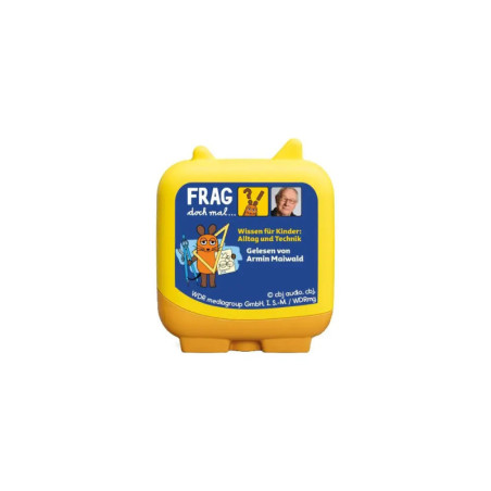 Gelbe Box mit blauem Etikett, Eule und dem deutschen Text FRAG doch mal... auf der Vorderseite.