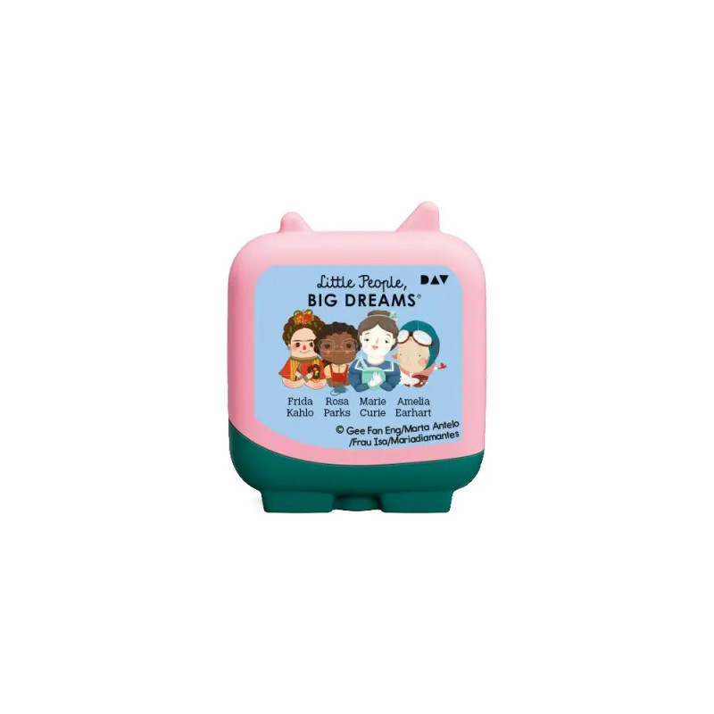 Rosa-grünes Sparschwein mit Karikaturen von Frida Kahlo, Rosa Parks, Marie Curie und Amelia Earhart.