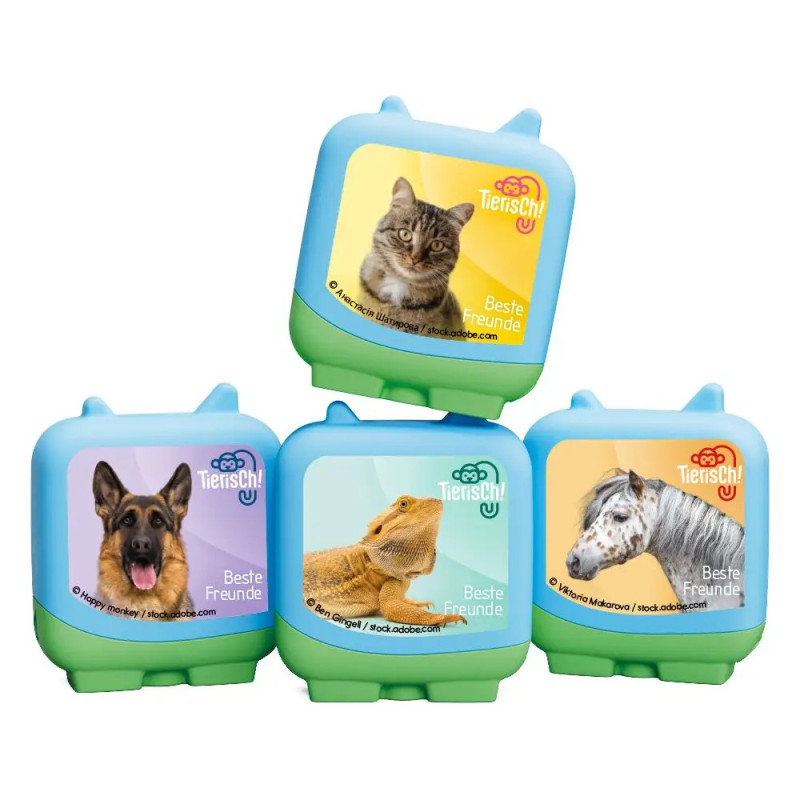Vier bunte Würfel mit Bildern von Katze, Hund, Echse und Pferd sowie dem Text Beste Freunde. Vier bunte Würfel mit Bildern von Katze, Hund, Echse und Pferd sowie dem Text Beste Freunde.