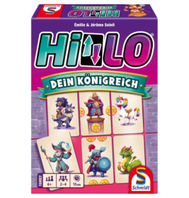 Bunte HiLo-Kartenspielbox mit Fantasiefiguren, Karten und dem deutschen Text Dein Königreich auf der Vorderseite.