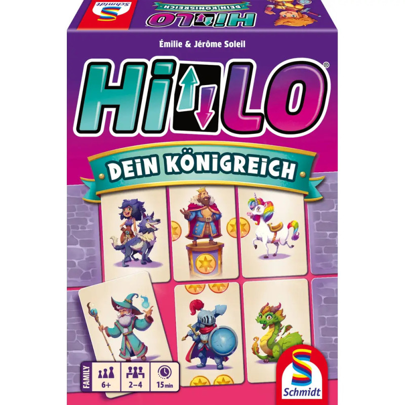 Bunte HiLo-Kartenspielbox mit Fantasiefiguren, Karten und dem deutschen Text Dein Königreich auf der Vorderseite.