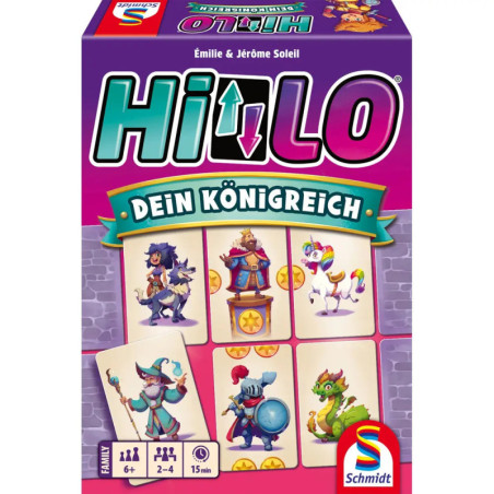 Bunte HiLo-Kartenspielbox mit Fantasiefiguren, Karten und dem deutschen Text Dein Königreich auf der Vorderseite.