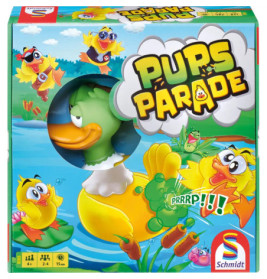 Box of Pups Parade Spiel mit Comic-Enten, eine Puppe im Teich, bunte und verspielte Grafiken.