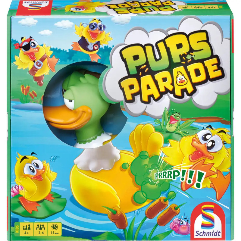 Box of Pups Parade Spiel mit Comic-Enten, eine Puppe im Teich, bunte und verspielte Grafiken.