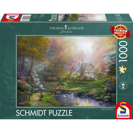 Schmidt Puzzle mit 1000 Teilen und einem Thomas Kinkade Motiv: Ein Cottage am Bach inmitten eines Gartens.