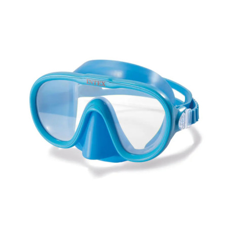 Blaue Schwimmbrille aus Kunststoff mit Klarglas und verstellbarem Band vor weißem Hintergrund.