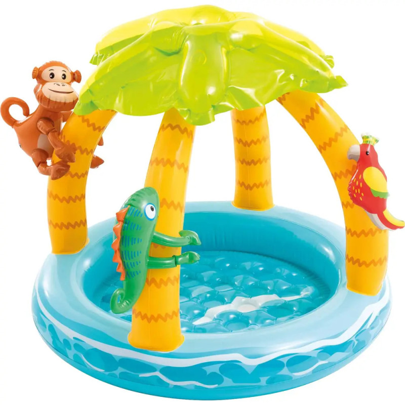 Aufblasbares Kinderbecken mit Palmen, Affe, Papagei und Chamäleon auf blauem Wasserboden. Aufblasbares Kinderbecken mit Palmen, Affe, Papagei und Chamäleon auf blauem Wasserboden.
