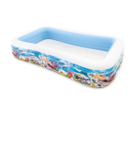 Rechteckiges Kinderplanschbecken mit Meeresmotiven, leer und vor weißem Hintergrund.