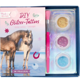 Box mit zwei Pferden, Glitzer-Tattoo-Set, drei Glitzerdosen und rosa Pinsel DIY Glitzer-Tattoos.