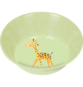 Hellgrüne Schüssel mit einer niedlichen Giraffenzeichnung im Comicstil am Boden.
