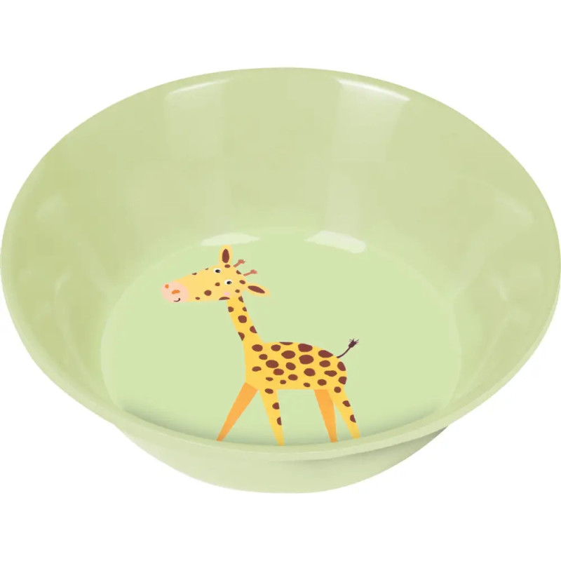Hellgrüne Schüssel mit einer niedlichen Giraffenzeichnung im Comicstil am Boden.