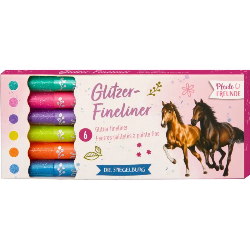 Box mit sechs Glitzer-Finelinerstiften, Verpackung zeigt zwei galoppierende Pferde. Box mit sechs Glitzer-Finelinerstiften, Verpackung zeigt zwei galoppierende Pferde.