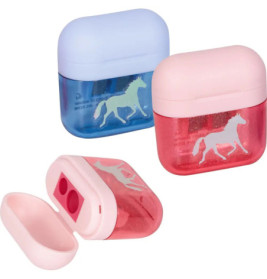 Zwei bunte Ohrhörerhüllen mit Pferdemotiven, eine rosa, eine blau, eine davon ist geöffnet.