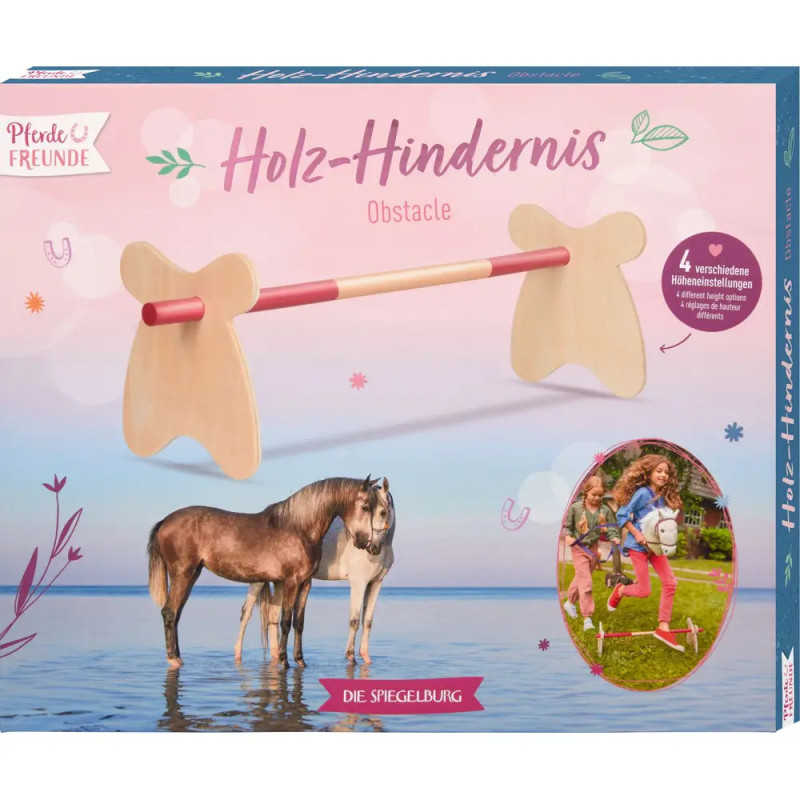 Karton für Holzpferd-Spielzeug mit Abbildungen von Pferden und spielenden Kindern auf der Vorderseite.