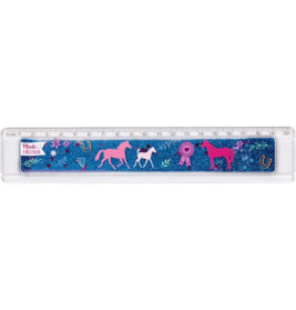 20 cm Plastiklineal, durchsichtig, mit blauem Hintergrund und pinken Pferden sowie Blumenmustern.