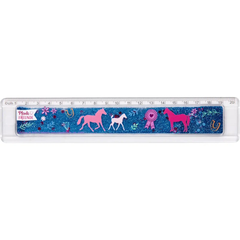 20 cm Plastiklineal, durchsichtig, mit blauem Hintergrund und pinken Pferden sowie Blumenmustern.