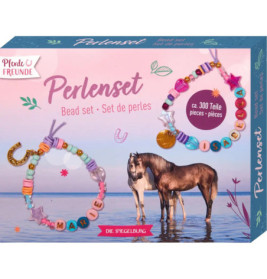 Perlen-Set-Box mit zwei bunten Armbändern und zwei Pferden am See auf der Vorderseite.
