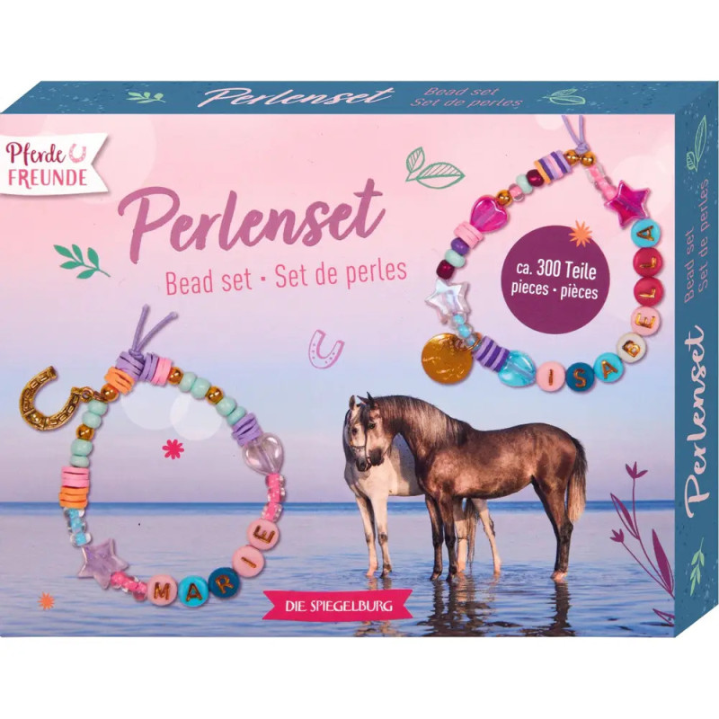 Perlen-Set-Box mit zwei bunten Armbändern und zwei Pferden am See auf der Vorderseite.